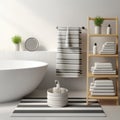 Modern bathroom interior, pile of clean towels and toiletries, white walls, sunny day Royalty Free Stock Photo