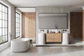 Modern bathroom interior with sink, tub and douche, accessories and window Royalty Free Stock Photo