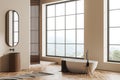 Modern bathroom interior with sink and tub near panoramic window Royalty Free Stock Photo