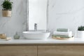 Bathroom interior with stylish mirror and vessel sink Royalty Free Stock Photo