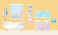 Modern bathroom interior with tub. Bathroom furniture - bath, stand with two sinks, shelf with towels, liquid soap, shampoo, large