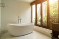 Modern bathroom interior with white oval bathtub