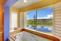 Modern bathroom with large tub and lake view. Royalty Free Stock Photo