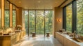 Modern Bathroom with Large Windows Overlooking a Forest Royalty Free Stock Photo