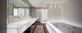 Modern bathroom with marble and parquet, nobody