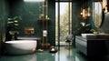 Modern bathroom. Minimalism. Gold and dark green colors