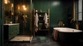 Modern bathroom. Minimalism. Gold and dark green colors