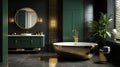 Modern bathroom. Minimalism. Gold and dark green colors