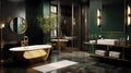 Modern bathroom. Minimalism. Gold and dark green colors