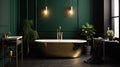 Modern bathroom. Minimalism. Gold and dark green colors