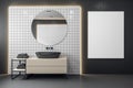 Modern bathroom with mirror and blank white banner on wall Royalty Free Stock Photo