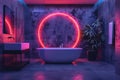 Modern bathroom with neon circle light and freestanding bathtub