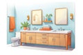 modern bathroom with offset vanity and mirrors, magazine style illustration