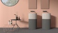 Modern bathroom in pastel tones, contemporary ceramics tiles, double washbasin with faucets and mirrors, side tables with bottles Royalty Free Stock Photo