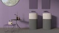 Modern bathroom in purple pastel tones, contemporary ceramics tiles, double washbasin with faucets and mirrors, side tables with Royalty Free Stock Photo