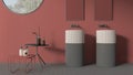 Modern bathroom in red pastel tones, contemporary ceramics tiles, double washbasin with faucets and mirrors, side tables with Royalty Free Stock Photo