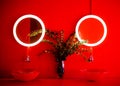 Modern bathroom in red tones with two round shapes stylish washbasins and mirrors Royalty Free Stock Photo