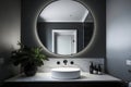A modern bathroom with a round mirror, white basin, dark walls, marble countertop, and a green potted plant Royalty Free Stock Photo