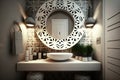 modern bathroom with round white wash basin, geometric tile, and sleek fixtures