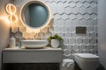 modern bathroom with round white wash basin, geometric tile, and sleek fixtures