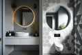 modern bathroom with round white wash basin, geometric tile, and sleek fixtures