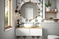 modern bathroom with round white wash basin, geometric tile, and sleek fixtures