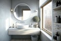 a modern bathroom with a round white wash basin and minimalist touches