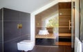 Modern bathroom and sauna. Contemporary interior of luxury house Royalty Free Stock Photo