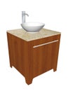 Modern bathroom sink set with ceramic wash bowl, chrome fixtures, and wooden cabinet with granite counter, 3d illustration