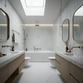 Modern bathroom with skylight, marble surfaces, and elegant fixtures. Royalty Free Stock Photo