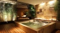 Modern Bathroom with a Stone-Framed Jacuzzi Tub and Bamboo Decor Royalty Free Stock Photo