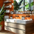 Modern Bathroom With Two Sinks and Large Mirror. Generative AI Royalty Free Stock Photo