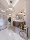 Modern bathroom with vanity and a mirror in a gold frame with sconces on the wall, a low table with decor, shower and a Royalty Free Stock Photo