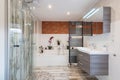 Modern bathroom in vintage style with sink, bathtub, glass shower and black towel dryer Royalty Free Stock Photo