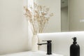 Modern bathroom with white glass countertop, black taps, Royalty Free Stock Photo