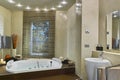 Modern bathroom whose the bathtub is full of water