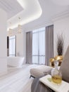 Modern bathroom with a window, hanging chandelier, curtains, bathroom