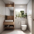 Modern bathroom with window and white tiling, created using generative ai technology