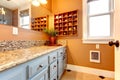 Modern bathroom with wooden shelves and rustic iron faucet