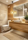 Modern Bathroom With Wooden Wall and Round Mirror Royalty Free Stock Photo