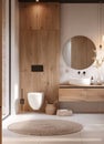 Modern Bathroom With Wooden Wall and Round Mirror Royalty Free Stock Photo