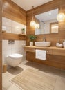 Modern Bathroom With Wooden Wall and Round Mirror Royalty Free Stock Photo