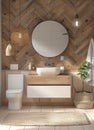 Modern Bathroom With Wooden Wall and Round Mirror Royalty Free Stock Photo