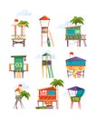 Modern beach buildings. Beach lifeguard towers on the seaside security station garish vector flat pictures set isolated Royalty Free Stock Photo