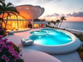 Modern beachside villa with expansive glass windows in warm light inside, with a clear pool outside, surrounded by palm trees Royalty Free Stock Photo