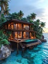 A modern beachside villa nestled among tropical foliage on a rocky shore. Exotic island escape, private bungalow Royalty Free Stock Photo