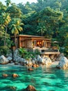 A modern beachside villa nestled among tropical foliage on a rocky shore. Exotic island escape, private bungalow