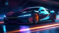 Modern beautiful fast race car sports car is driving fast on the night road rays road. AI generated