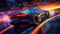beautiful fast race car sports car is driving fast on the night road with neon rays road. AI generated