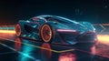 Modern beautiful fast race car sports car is driving fast road with neon rays road. AI generated